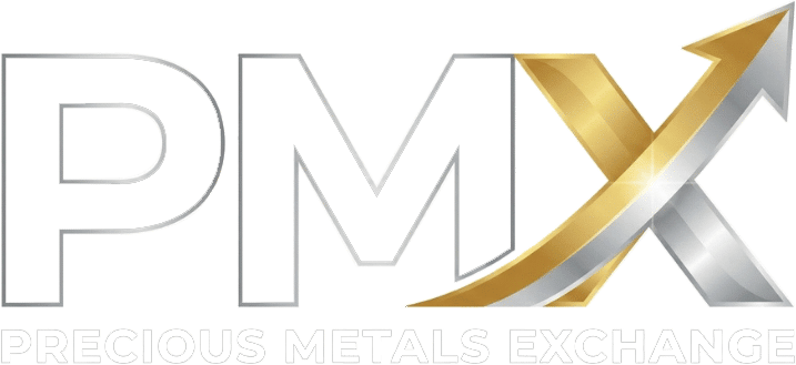 Logo with the letters "PMX"; the "X" is stylized in gold and silver with an upward arrow. Below, the words "Precious Metals Exchange" appear in white capital letters.