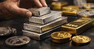 A hand stacking silver bars on a table with gold bars and various coins scattered around, representing wealth, investment, or precious metals trading.