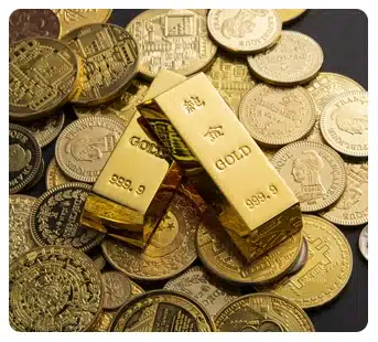 A burlap sack spilling shiny gold bars onto a scattered pile of U.S. hundred dollar bills.