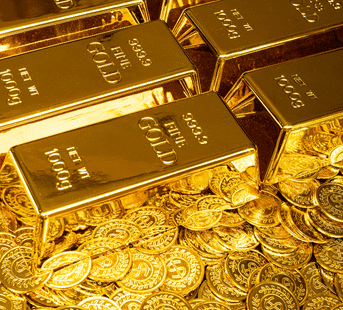 Stacks of shiny gold bars are arranged on top of a pile of gold coins. Both the bars and coins are highly polished, reflecting light and creating a sense of wealth and opulence.