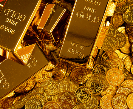 Stacks of shiny gold bars and numerous gold coins with dollar signs, creating a rich and luxurious scene.