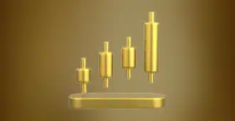 Two people in suits exchange a gold bar across a desk with a laptop displaying gold prices. The scene suggests a financial transaction or investment in gold.